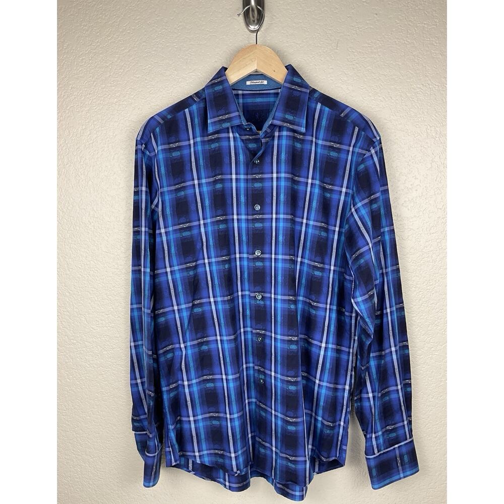 Bugatchi Shirt L Bllue Plaid Shapped Fit Cotton Button Front Long SLeeve